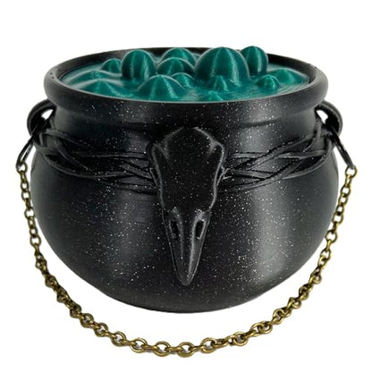 Witch's Cauldron Bowl with Bubbling Potion Lid and Chain - Spooky Halloween Goth Decor - RPG Dice Holder Stash Storage (4in Raven Skull) - size: 4in Raven Skull