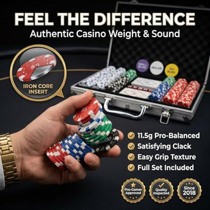 HEITOK 300pc Poker Chip Set 11.5g Iron Core Denominations Texas Holdem | 2-8 players, numbered values 1/5/25/100/500, aluminum case, cards, dice, dealer/small/big blind buttons, Blackjack - size: 300 numbered chips set