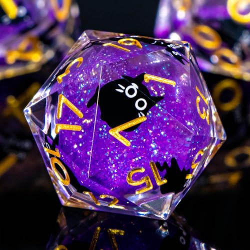Roycevon Resin DND Dice Set with Gift Box, 7Pcs Liquid Core Cat D&D Dice, Cute Dungeons Dragons D and D Dice, Sharp Edge Role Playing Game Dice D20 D12 D10 D8 D6 D4, Purple - color: Purple
