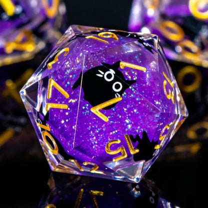 Roycevon Resin DND Dice Set with Gift Box, 7Pcs Liquid Core Cat D&D Dice, Cute Dungeons Dragons D and D Dice, Sharp Edge Role Playing Game Dice D20 D12 D10 D8 D6 D4, Purple - color: Purple