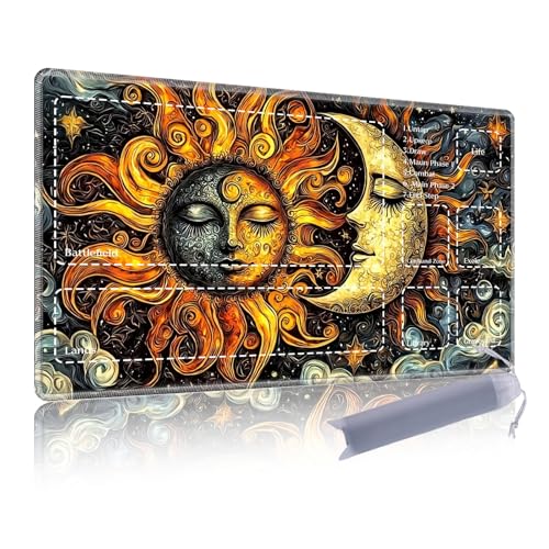 Premium TCG Playmat with 6 Gaming Zones | 24x14 Non-Slip Rubber Surface MTG Mat | Black Play Card Storage Pouch for CCG Playmat | Abstract Starry Moon Sun - color: Abstract Starry Moon Sun, size: 13.8*23.6 in