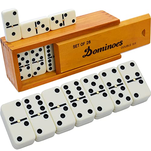 Queensell Dominos Set for Adults, Double 6 Dominoes Set with 28 Tiles in Wooden Case, Classic Dominoes, Family Board Game for Kids & Adults, Travel Game for Family Game Night, Juegos de Mesa - style: Medium