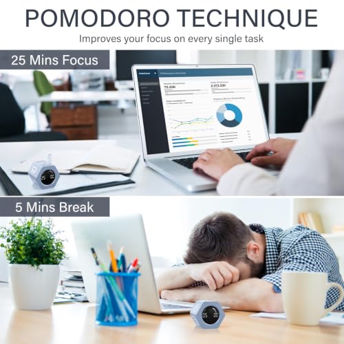 Rotating Pomodoro Timer 5, 25, 10 30,60 Mins Preset Stopwatch, Desk Flip ProductivityTimer, ADHD Tool Hexagon, Vibration/Mute/Alarm, for Work, Study, Back to School, Kitchen, Blue - color: Blue