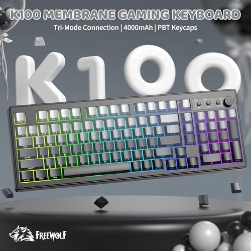 FREEWOLF K100 99 Keys Gaming Creamy Silent Wireless Keyboard with Media Knob,BT/2.4GHz/USB-C,Side Printed Keys RGB Backlit Number Pad,Retro Cute Membrane Computer Keyboard for PC/MAC-Gradient Black - color: Gradient Black