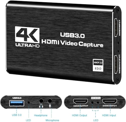 Video Capture Card, 4K HDMI Video Capture, USB 3.0 Game Capture Card, Video Capture Device Full HD 1080p 60FPS for Live Streaming, Work with PS4/PS5/Xbox/PC/Mac Linux Android Windows 10/11 - color: black