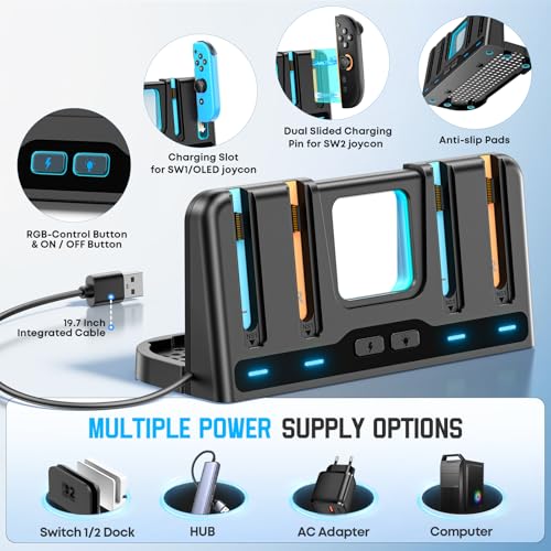 for Mac Game Switch 2/1 Charging Dock Station Compatible with Joycon 1/2 Controller, Switch 2 Controller Charger, Joycon Charging Dock, Game Accessories with 9 RGB Light Modes - size: L-Black-Switch 1/2