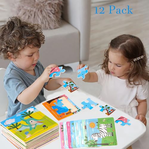 12 Pack Mini Wooden Animal Puzzles for Kids 3+ - 9-Piece Toddler Educational Travel Toys | Cute Farm & Wild Animal Party Favors | Preschool Learning Gift Set for Boys & Girls