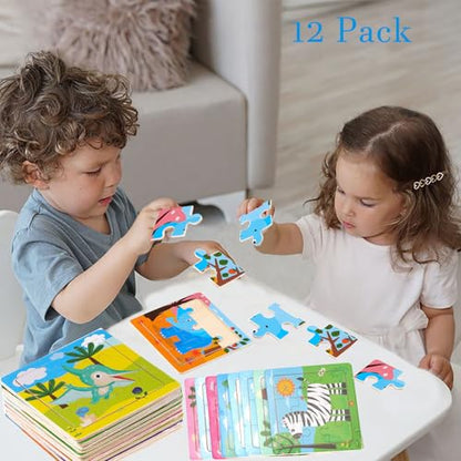 12 Pack Mini Wooden Animal Puzzles for Kids 3+ - 9-Piece Toddler Educational Travel Toys | Cute Farm & Wild Animal Party Favors | Preschool Learning Gift Set for Boys & Girls
