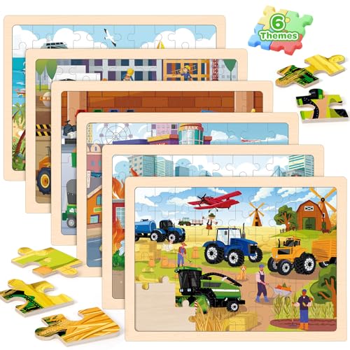 6-Pack Wooden Puzzles for Kids Ages 3-5, 60-Piece Construction Vehicle Set | Toddler Puzzles Ages 3-5, Preschool Puzzles with Wooden Jigsaw Boards for Fine Motor Skills, Shape Recognition and Travel - style: Vehicles