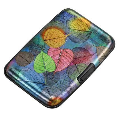 ELFISH Mini RFID Aluminum Wallet Credit Cards Holder Business Card Case Metal ID Case for Men Women（Colorful Leaves - color: Colorful Leaves