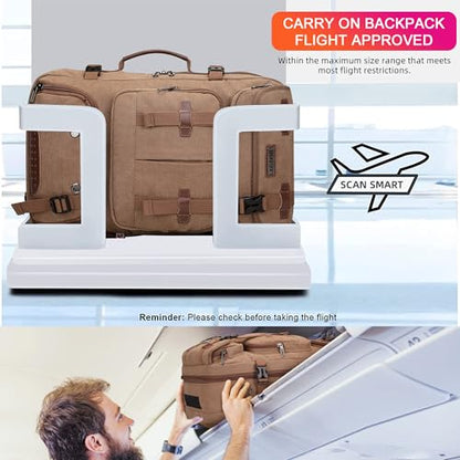 WITZMAN Travel Backpack for Men 40L Large Carry-on Airline Approved | Canvas 3 in 1 Duffle Luggage Bag Fits 16“ Laptop, Shoe Compartment, For Weekend Getaway, Overnight Trip - color: Brown