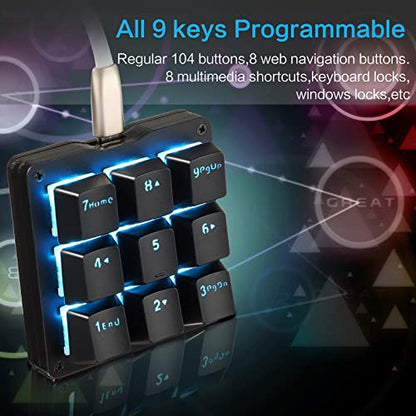 Koolertron Mechanical Numpad Macro Keyboard, 9-Key Numeric Keypad LED Backlit Gaming Keyboard, Fully Programmable Number Pad Keyboard, Computer High Ground Mechanical Macro Number Keypad - color: Black/Blue Switches/Blue LED