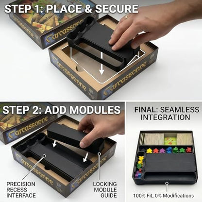 Board Game Insert Organizer Compatible with Carcassonne, Premium Tabletop Storage Solution for Base Game and Multiple Expansions, Wooden/Polymer Tile and Meeple Holder (Game NOT Included)