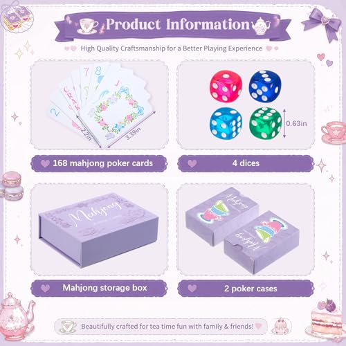 Soulchen 168-Piece PVC American Mahjong Cards, Large Print Set | Tea Party Wonderland design, magnetic storage box, large print cards, travel play, family game nights - color: Lavender, style: Tea Party