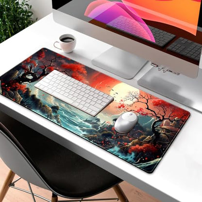 Japanese Desk Mat Extended Gaming Mousepad Japan Large Mouse Pad XL Oceanic Passage Aesthetic Desk Pad Keyboard Mat Laptop Desktop Mouse Mat 31.5''X11.8'' Deskmat with Stitched Edges - color: Oceanic Passage