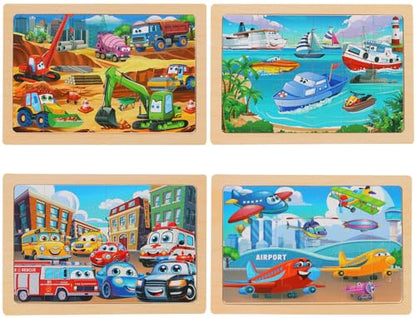 Puzzles for Kids Ages 4-6, 4-Pack 24-Piece Wooden Kids Puzzles | Construction Vehicle Themes | Educational Puzzles for Kids Ages 3-5, Age-Appropriate Learning Toys, Ages 3+ - color: Vehicles