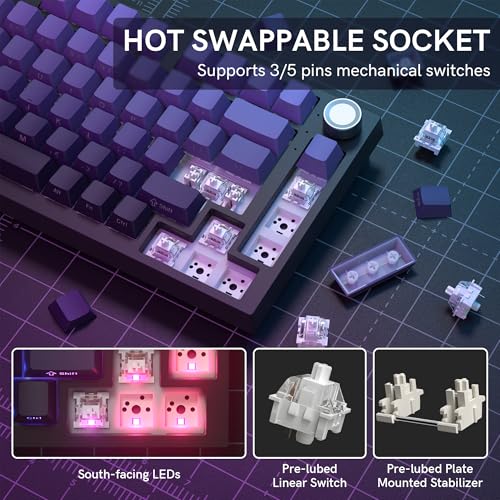 COSTOM WK75 75% Wireless Gaming Mechanical Keyboard Gasket Structure | BT5.0/2.4GHz/USB-C, Hot Swappable Pre-lubed Custom Linear Switches, RGB Backlit Keyboard for PC/Laptop/Xbox/PS4/PS5 (Purple) - color: Purple