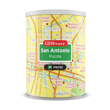Geotoys San Antonio Mini City Puzzle - 100 Piece Puzzles for Kids and Adults in Portable Can, 13" x 10" Educational Travel Puzzle for Ages 7 and Up - Mini Puzzles to Learn & Explore Geography - style: San Antonio