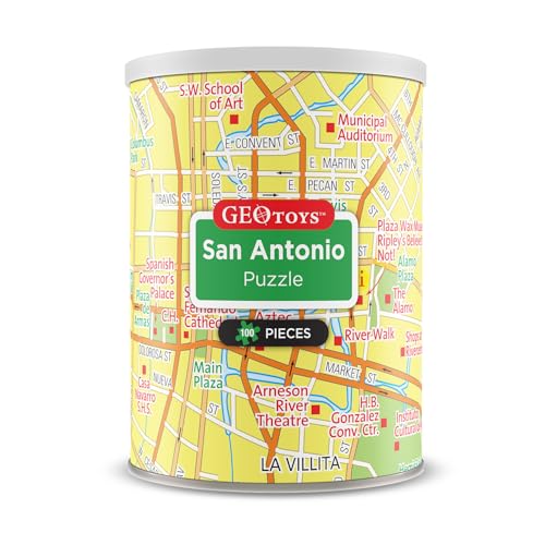 Geotoys San Antonio Mini City Puzzle - 100 Piece Puzzles for Kids and Adults in Portable Can, 13" x 10" Educational Travel Puzzle for Ages 7 and Up - Mini Puzzles to Learn & Explore Geography - style: San Antonio
