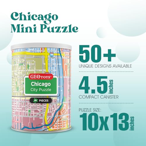 Geotoys Chicago Mini City Puzzle - 100 Piece Puzzles for Kids and Adults in Portable Can, 13" x 10" Educational Travel Puzzle for Ages 7 and Up - Mini Puzzles to Learn & Explore Geography - style: Chicago