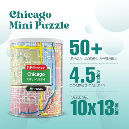 Geotoys Chicago Mini City Puzzle - 100 Piece Puzzles for Kids and Adults in Portable Can, 13" x 10" Educational Travel Puzzle for Ages 7 and Up - Mini Puzzles to Learn & Explore Geography - style: Chicago