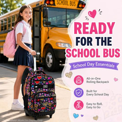 3Pcs Rolling Backpack for Girls Women, Leopard print Travel Roller Backpacks with Wheels for Adults, Teens College Wheeled Bookbag with Lunch Box(Brown) - color: Brown Love
