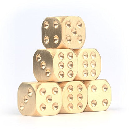 6 Sided Metal Brass Dice with Gift Metal Case & Portable Bag, 6pcs Solid Brass Dice for Tables Board Game Poker Party Playing Games, Ideal Men's Collection Gift
