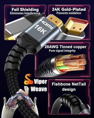16K HDMI 2.2 Cable [16K@60Hz, 8K@240Hz, 2K/4K@480Hz/240Hz], 96Gbps Ultra High Speed Braided HDMI Cord, HDR10+ eARC HDCP 2.3 2.2 Cables for PS5/PS4/Xbox/Gaming PC/Monitor/Projector/Roku TV, 3FT - size: 3.3 FT 1M