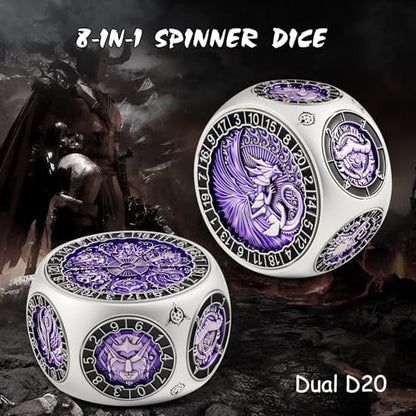 DNDND Unique Spinner DND Dice, 8-in-1 Hexagonal Metal DND Dice with Dual D20 Monster Themed Dice Set for DND Dungeons and Dragons, Dungeon Masters with Collectible Gift Tin (Silver with Purple) - color: Silver Purple