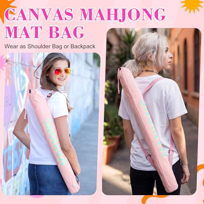 34 Inch Long Mahjong Mat Bag Cute Double Strapped Canvas Drawstring Mahjong Holder Lightweight Outdoor Carrying Bag for Board Games Travel Storage-Mat Not Include(Light Pink,1 Pc) - color: Light Pink, style: Soild