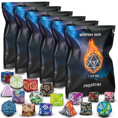 QMAY Mystery Dice Set – 42 Pcs Acrylic Polyhedral Dice + 6 Pcs Velvet Bag | 6 Bags Random Patterns & Styles DND Dice, Gifts for D&D, Pathfinder, MTG, Table Game Night, Dice Goblins, RPG Players & DMs - style: 6 bags Mystery Dice