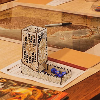 CZYY Cthulhu Dice Tower, Foldable Wooden Dice Roller with Tray | Laser-Cut Birch Plywood, Folding Design, Sea Monster Artwork, For Board Games & RPG Nights