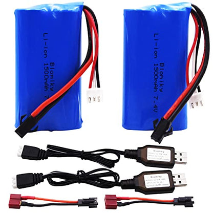 Blomiky 2 Pack 7.4V 1500mAh Li-ion Rechargeable Battery SM-2P Plug with T Adapter and USB Cable Suitable for H101 H103 H105 RC Boat RC Trucks / H101 Battery & T 2