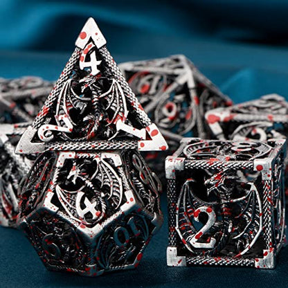 ARUOHHA Hollow DND Metal Dice Set Blood Dragons D and D Dice, RPG Role Playing Games Dungeons Polyhedral Dice with Gift Box D20 D12 D10 D8 D6 D4 - color: Blood Splash