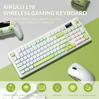 L98 Wireless Gaming Keyboard Green Cute Creamy Keyboard with Number Pad, Tri-Mode BT5.0/2.4GHz/USB-C, RGB Backlit, Quiet Office Computer Keyboards for PC Mac Laptop (Green White)