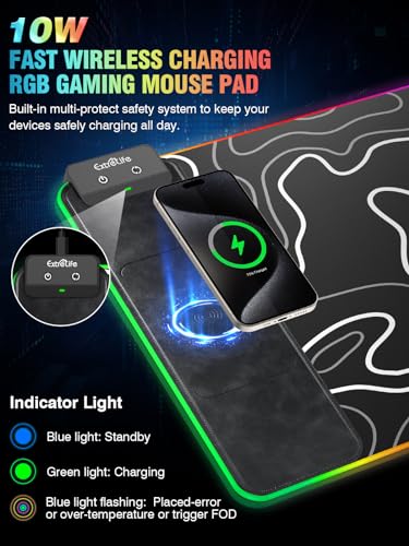 Wireless Charging RGB Gaming Mouse Pad, 31.5"x15.7" XXL Large Desk Mat | Desk Pad for Gamer, 9 Light Modes, Non-Slip Rubber Base, Waterproof Computer Keyboard Mat, Black and Topographic Line - color: Black-white Topographic Line