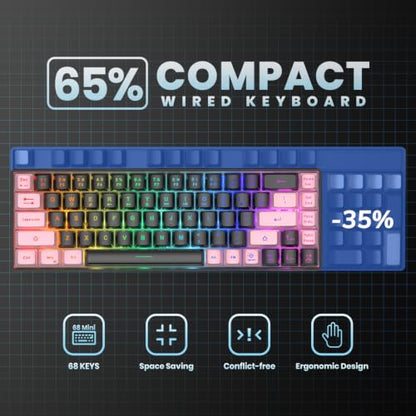 GEODMAER 65% Gaming Keyboard, LED Backlit, Ultra-Compact Anti-Ghosting No-Conflict 68 Keys Membrane Gaming Wired Keyboard for PC Laptop Windows Gamer(Black-Pink) - color: Black-Pink