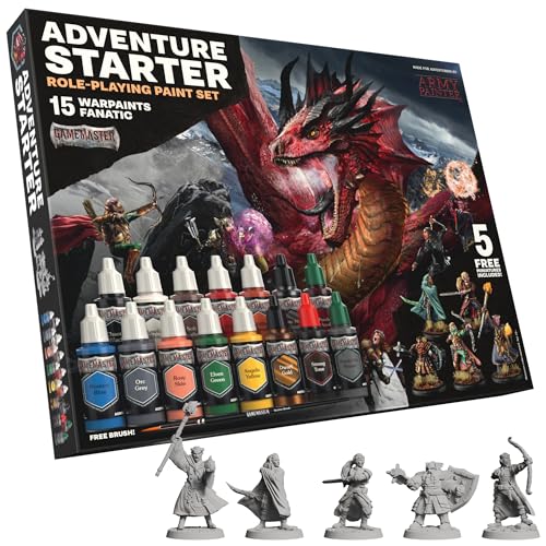 The Army Painter, GameMaster Adventure Starter Set, 15 x 18 ml | Acrilici Warpaints Fanatic, incl. 1 primer a pennello, 5 miniature gratuite e 1 pennello, per Warhammer - color: Adventure Starter Paint Set