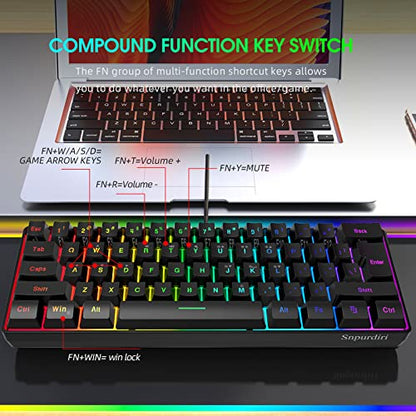 DGG K60 61 Keys RGB Backlit 60% Wired Gaming Keyboard, Ergonomic Waterproof Mini Compact 60 Percent Mechanical Feeling Keyboard, for PC Mac PS4 Xbox Gamer, Typist, Travel - color: Black