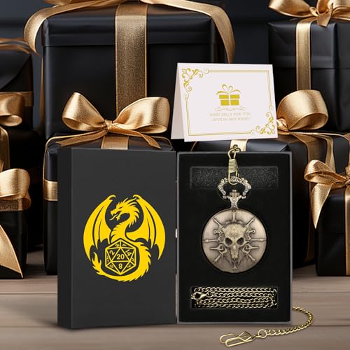 Mini DND Dice Set Steampunk Warlock Pocket Watch Shell Case, 7pcs Polyhedral Metal D&D Dice Set, DND Gifts with Gift Box for Gamer, Role Playing Board Games Accessories, Bronze - color: Warlock