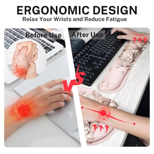 Arttown Keyboard Mouse Pad Set, 4 in 1 Desk Mat Set Kawaii Cat | Floral Pink Large Mousepad+Keyboard Wrist Rest+Mouse Wrist Rest+Coaster Ergonomic Design for Home Office Computer - color: Cat Pink Floral