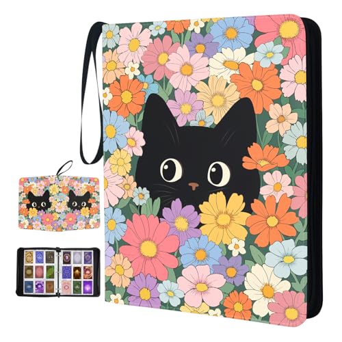 Cat 9 Pocket Card Binder for Girls - Cute Cat Trading Card Binder 9 Pocket, Girls Flower Cats Cards Collection Holder 900 Pockets, Zippered Trading Cards Folder for Girl Collection Organizer - color: Flowers Black Cat, size: 900 Pockets