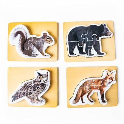 Wooden Montessori Animal Puzzles for Toddlers 2+ Years | Realistic Chunky Woodland Animal Shape Puzzle | Educational Learning Toy - Four-Piece Woodland Creature Puzzles
