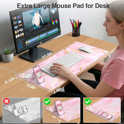 Wireless Charging Mouse Pad with Phone Holder, 31.5"x15.8" in, Pink Marble | Large Desk Mat for Laptop/Keyboard, Waterproof Ultra-Smooth Surface, Non-Slip Base - color: Pink Marble-Phone Holder-31.5"x15.8"