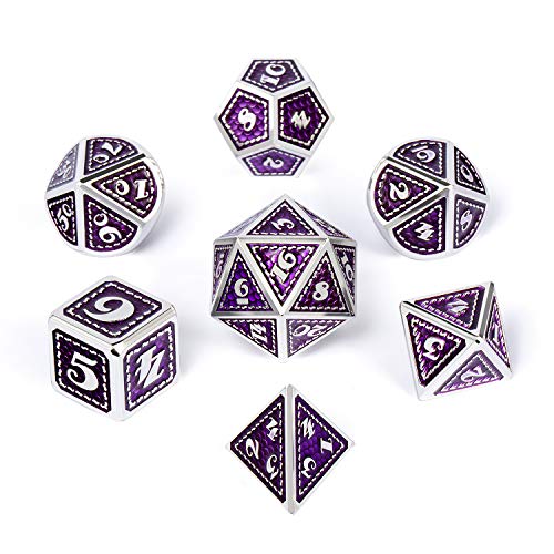 DNDND Metal Dice Set, 7 Pieces Polyhedral Dragon Scale Metallic Die with Gift Metal Case for Dungeons & Dragons D&D (Purple with Silver Edge) - color: Purple With Silver Edge