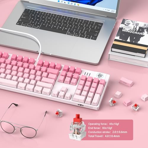 MageGee Mechanical Gaming Keyboard, Wired USB RGB Backlit Keyboard, 104-Key 100% Anti-Ghosting Mechanical Keyboard with Red Switches, Side-Printed Keycaps for Windows PC & Mac - color: Rose powder red switch