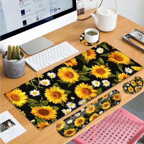 Large Gaming Mouse Pad+ Keyboard Wrist Rest Set, Ergonomics Memory Foam Mouse Mat Wrist Rest Support for Home Office, Waterproof Extended Mousepad 31.5x11.8in, Sunflower Flowers Black Desk Pad - color: Yvb-mousepad-9-f-169