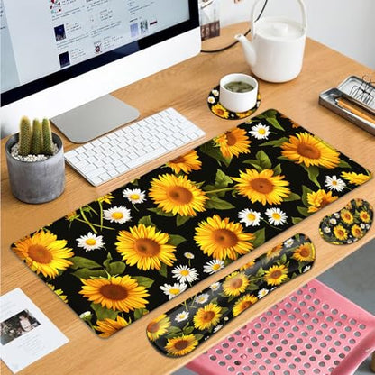 Large Gaming Mouse Pad+ Keyboard Wrist Rest Set, Ergonomics Memory Foam Mouse Mat Wrist Rest Support for Home Office, Waterproof Extended Mousepad 31.5x11.8in, Sunflower Flowers Black Desk Pad - color: Yvb-mousepad-9-f-169