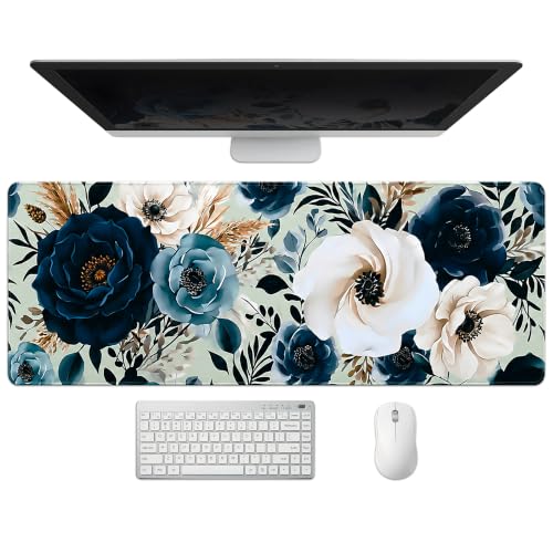 Extended Peony Florals Desk Mat, XL Large Gaming Mouse Pad, Elegant Flowers Boho Navy Blue Stitched Edges Waterproof Non-Slip Rubber Base for Computer Keyboard Laptop Work Home Office 31.5"x11.8" - color: Florals Sage Green, size: 31.5" x 11.8"