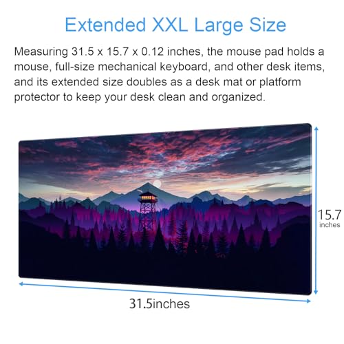 Purple and Black Desk Mat, Mountain Forest Large Gaming Mouse Pad | Washable forest landscape desk pad with 3mm plush cushion, smooth fabric top, and non-slip rubber base - color: Firewatch Tower